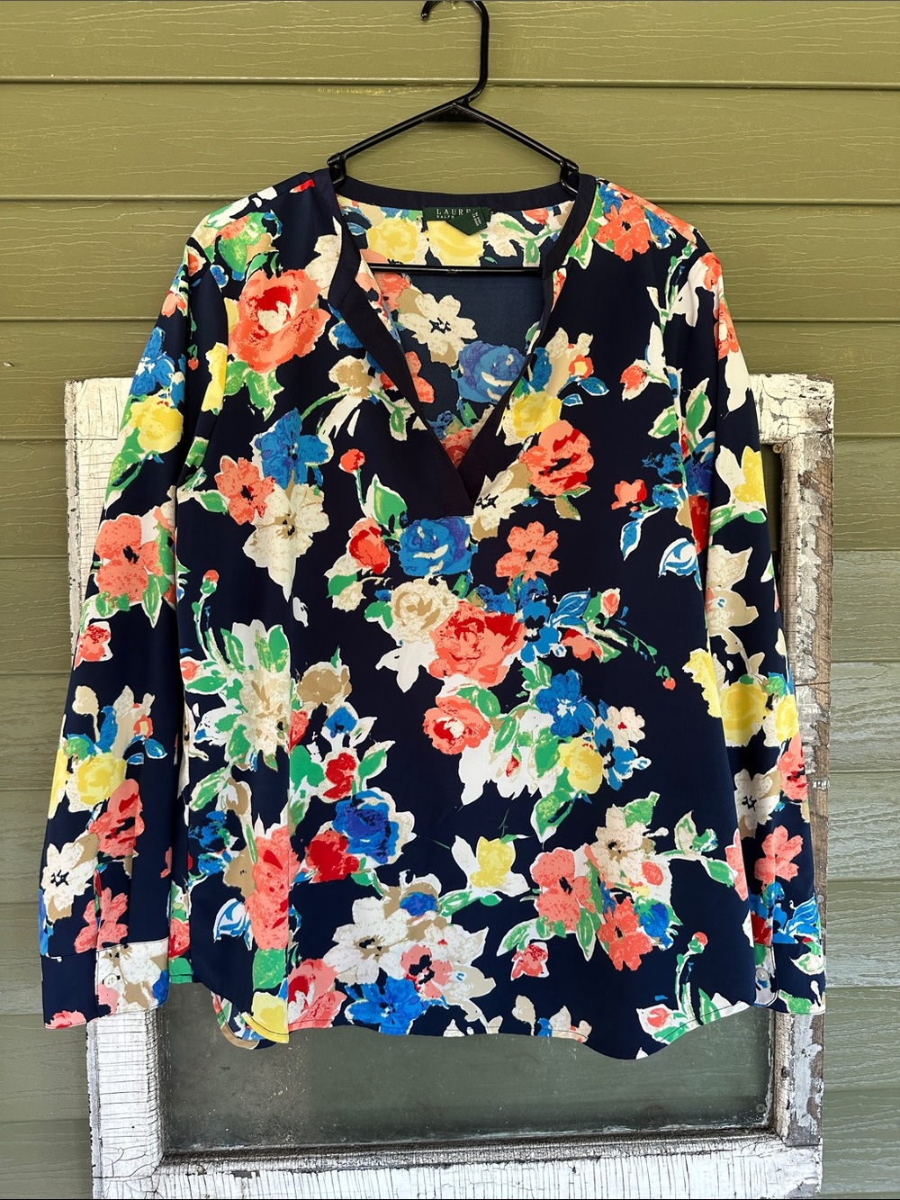 Lauren Ralph Lauren Navy Floral V-Neck Blouse with Multicolor Blooms